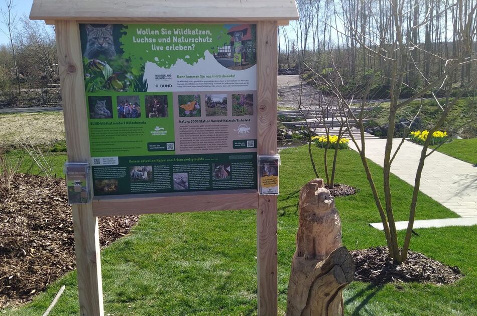 Informationstafel mit einer Holz-Wildkatzenskulptur am Rand des Hauptweges auf der Landesgartenschau Leinefelde-Worbis informiert über die Wildtierland Hainich gGmbH
