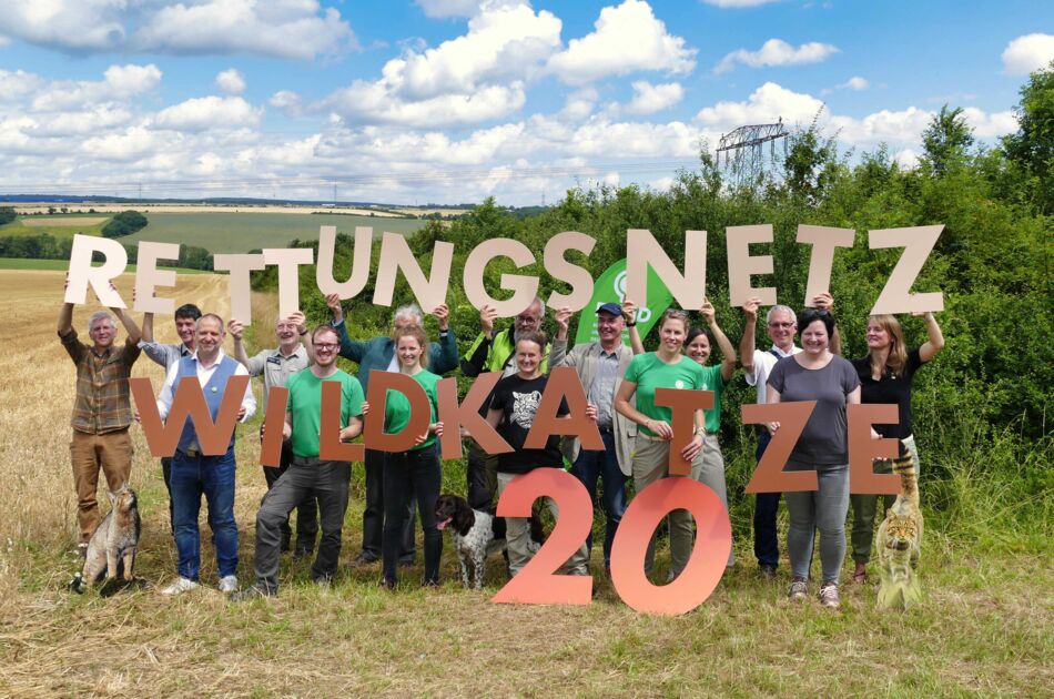 Gruppenbild mit den Buchstaben 20 Jahre Rettungsnetz Wildkatze auf dem Wildkatzenkorridor