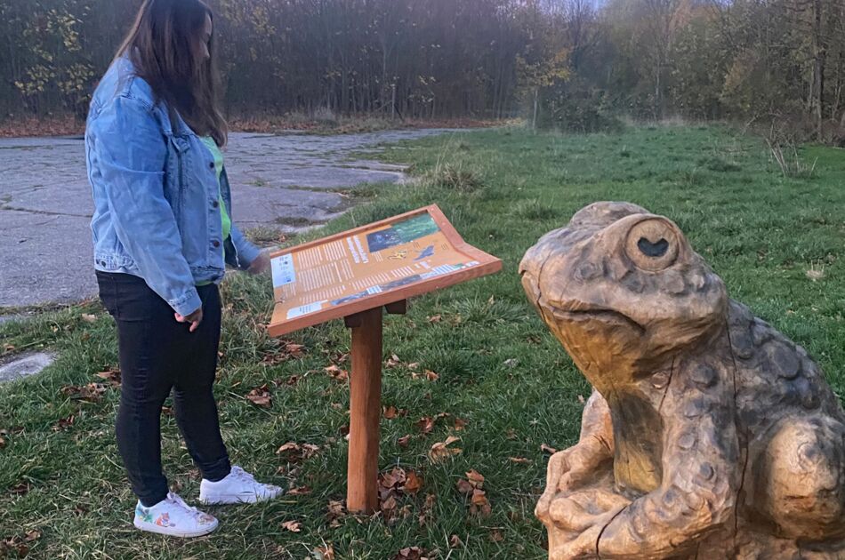 Blick einer Touristin auf eine Infotafel am Rande des Radweges