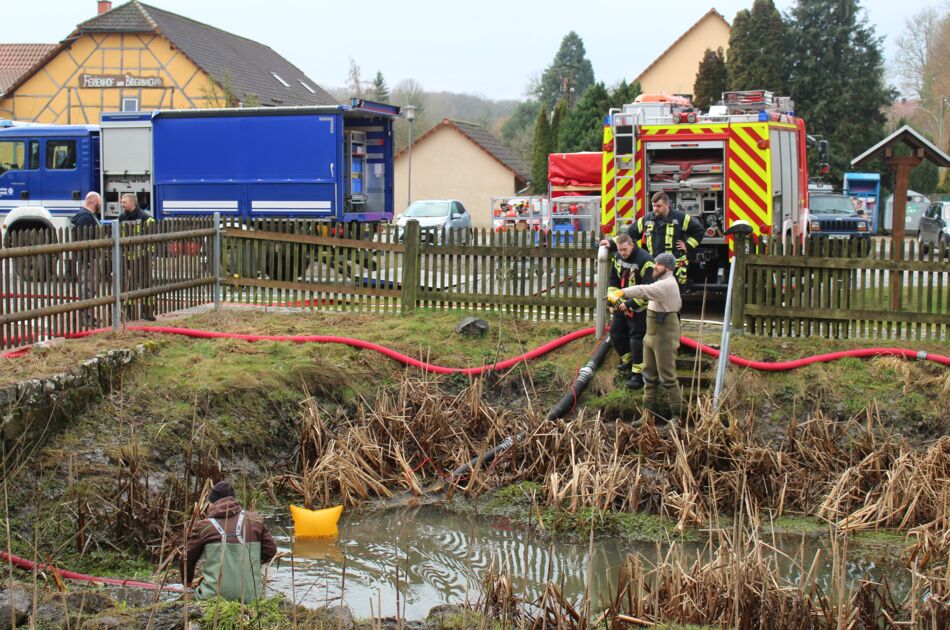 Feuerwehr Behringen und THW Eisenach am Feuerlöschteich in Behringen im Einsatz